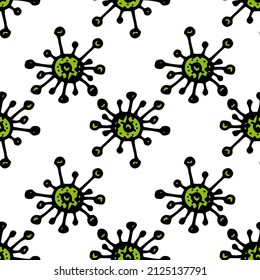 a pattern from the green virus. A hand-drawn round-shaped microbe with a ray-tentacle texture of dots in a flat style. isolated element with black outline on white for design template