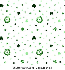 A pattern of green and white clovers and shamrocks. The shamrocks are scattered throughout the pattern, with some larger and some smaller. Scene is cheerful and festive, likely representing St