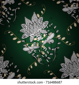 Pattern green and white colors with golden elements. Vector golden mehndi ornamental pattern. Ornamental floral elements with henna tattoo, golden stickers, mehndi and yoga design, cards and prints.