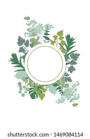 Pattern with green wild leaves and a circle template for text