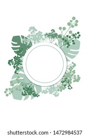 Pattern with green wild leaves and a circle template for text