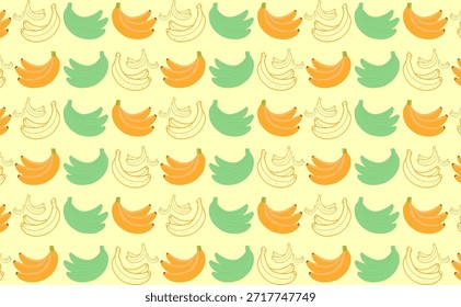 Pattern of green and yellow bananas on white background in flat design. Cartoon banana pattern, tropical fruit design, seamless yellow bananas and green bananas background, playful summer vibe, fun food texture, cute fruit vector illustration. Bananas pattern vector illustration