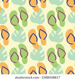 A pattern of green and yellow flip flops and a leaf. The flip flops are in various sizes and are scattered throughout the pattern