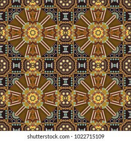 Pattern for the greeting card or invitation, template frame design for card. Card with beige, yellow and brown circular ornament. Vector round seamless pattern with abstract Mandalas.