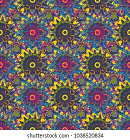 Pattern for the greeting card or invitation, template frame design for card. Card with yellow, blue and violet circular ornament. Vector round seamless pattern with abstract Mandalas.