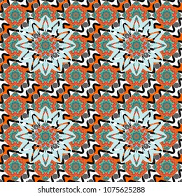 Pattern for the greeting card or invitation, template frame design for card. Card with blue, orange and black circular ornament. Vector round seamless pattern with abstract Mandalas.