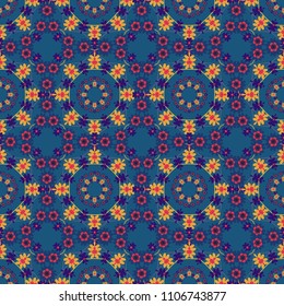 Pattern for the greeting card or invitation, template frame design for card. Card with violet, blue and orange circular ornament. Vector round seamless pattern with abstract Mandalas.