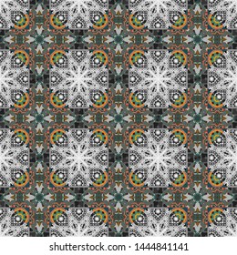 Pattern for the greeting card or invitation, template frame design for card. Vector round seamless pattern with abstract Mandalas. Card with gray, brown and green circular ornament.