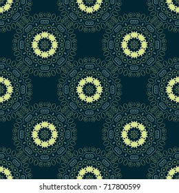 Pattern for the greeting card or invitation, template frame design for card. Card with yellow, blue and neutral circular ornament. Vector round seamless pattern with abstract Mandalas.