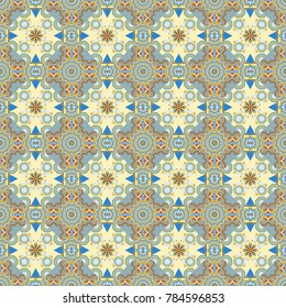 Pattern for the greeting card or invitation, template frame design for card. Card with blue, yellow and beige circular ornament. Vector round seamless pattern with abstract Mandalas.