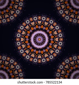 Pattern for the greeting card or invitation, template frame design for card. Card with orange, violet and black circular ornament. Vector round seamless pattern with abstract Mandalas.