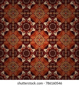 Pattern for the greeting card or invitation, template frame design for card. Card with brown, red and beige circular ornament. Vector round seamless pattern with abstract Mandalas.
