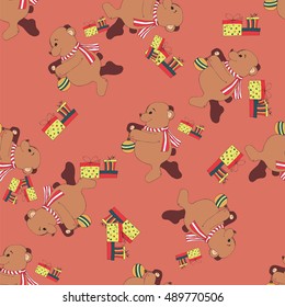 pattern greeting Merry Christmas Bear fir tree gifts vector greeting card tree toy booklet flyer new year