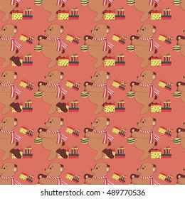 pattern greeting Merry Christmas Bear fir tree gifts vector greeting card tree toy booklet flyer new year