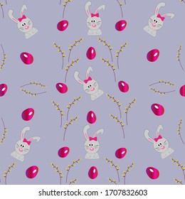 Pattern grey easter bunny with eggs, willow. Cute little rabbit face. Celebration happy easter. Design, textile, print, fabric, decoration. Happy animal character. Cartoon rabbit. Vector Illustration.