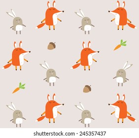 Pattern with grey rabbit and red fox