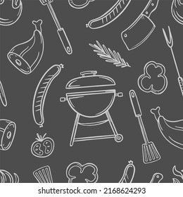A pattern with grill and barbecue elements for the menu of a restaurant bar cafe on a black background Vector of doodles