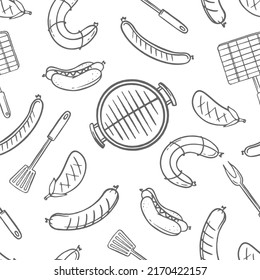 A pattern with grill and barbecue elements for the menu of a restaurant bar cafe on a white background Vector of doodles