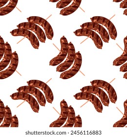 A pattern with grilled sausages on a skewer, a barbecue and outdoor cooking theme. It is suitable for summer theme decoration, food packaging or restaurant menu. Seamless texture