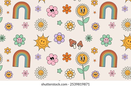 Pattern Groovy flower cartoon characters. Funny happy daisy with eyes and smile. Sticker pack in trendy retro trippy style. Isolated vector illustration. Hippie 60s, 70s style.