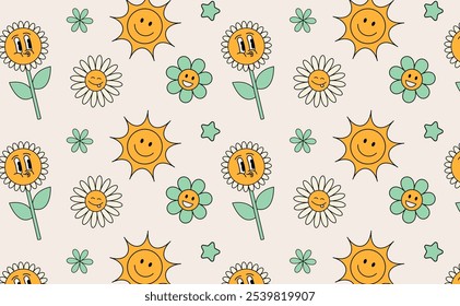 Pattern Groovy flower cartoon characters. Funny happy daisy with eyes and smile. Sticker pack in trendy retro trippy style. Isolated vector illustration. Hippie 60s, 70s style.