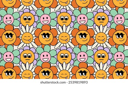 Pattern groovy funny trendy retro cartoon characters flowers crowd. Vintage happy characters in comic rubber hose style.