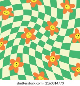 Pattern groovy hippie daisy flowers.1970 good vibes. Retro psychedelic background with daisy flowers