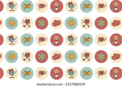 Pattern groovy hippie love round sticker set. Retro happy valentine's day. Comic happy heart character in trendy retro 60s 70s cartoon style. Retro characters and elements.
