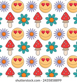 Pattern in groovy style on a transparent background. Retro pattern with different stylish icons. Smiley, fly agaric, flower, in flat style. - Powered by Shutterstock - Get 15% off with code: PIKWIZARD15