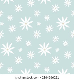 Pattern groovy trippy daisy. Daisies on light blue background. 70s vibes floral background. Hand drawn vector illustration in flat style.