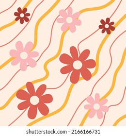 Pattern groovy trippy daisy. Daisies and lines on light pink background. 70s vibes floral background. Hand drawn vector illustration.