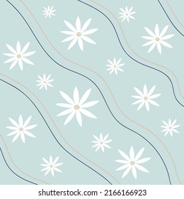 Pattern groovy trippy daisy. Daisies and lines on light blue background. 70s vibes floral background. Hand drawn vector illustration in flat style.