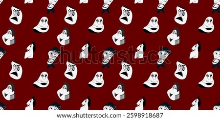 Pattern with grotesque black and white faces on a dark red background. Caricatured, emotional expressions create an eccentric atmosphere. The style is minimalistic, graphic, with elements of surrealis