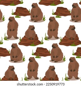 A pattern of groundhogs for groundhog Day with a burrow from which he got out. a harbinger of spring. Festive packaging for postcards, banners, flyers. Vector illustration.