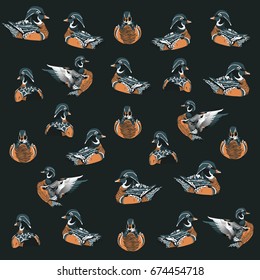 Pattern with a group of mandarin duck on a dark background. Vector texture for your creativity.	