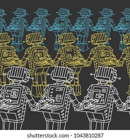 Pattern Group of Robots and Personal Computer Vector Illustration