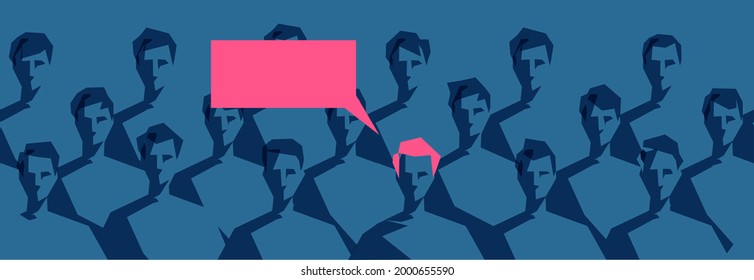 Pattern with a group of young men where one of them stands out from the rest by pink hair and speech bubble