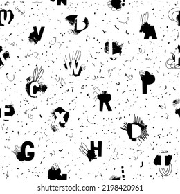 Muster mit Grunge-Punkten, Tintenflecken. Vektoralphabet Englisch. Grunge Textur. Kalligrafischer Hintergrund
