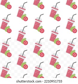 Pattern of Guava juice in transparent background with mini doodle (icons). Vector Illustration