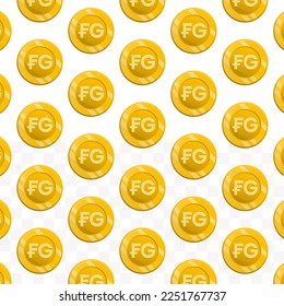 Pattern of Guinean Franc currency on transparent background with mini doodle (icons) and gold color. Vector Illustration