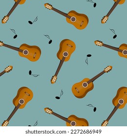 Pattern with guitar and notes on a blue background. Vector illustration