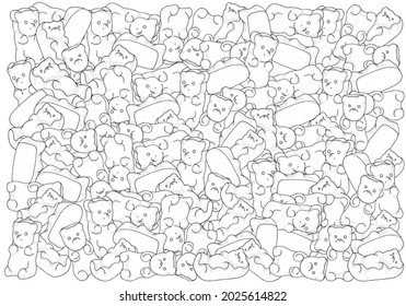 Pattern with gummy bears.  Adult coloring book page with shiny jelly bears. Black and white vector illustration.