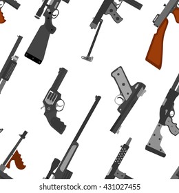 Pattern of guns in grayscale. Rifle, revolver, pistol, shotgun and sniper rifle. Weapon vector set.