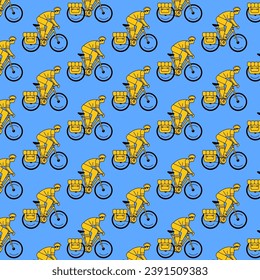 Un patrón de un tipo en una bicicleta. Colores amarillo y azul. Se puede utilizar como fondo.