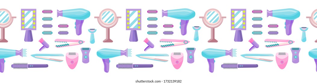 Pattern of hair styling tools, depilators, mirrors on a white background. Horizontal border of the accessories to care for themselves. Devices for female beauty. Vector background in flat style.