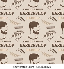 Pattern Haircut & Shave Barbershop Barber for Man. Poster Young Man with Fashionable and Interesting Haircut that Attracts Look. Basic Tools Create his Hairstyle and Cutting Beard Scissors.