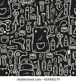 Pattern with hairdressing equipment in doodle style