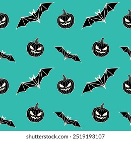 Pattern with Halloween bat and creepy pumpkin on green-blue background. Vector illustration