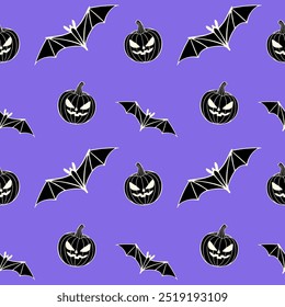 Pattern with Halloween bat and creepy pumpkin on purple background. Vector illustration