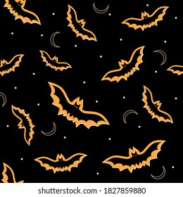 Pattern for Halloween bats on black background, vector illustration in flat style, print, texture, textile, design, decoration, background, Wallpaper